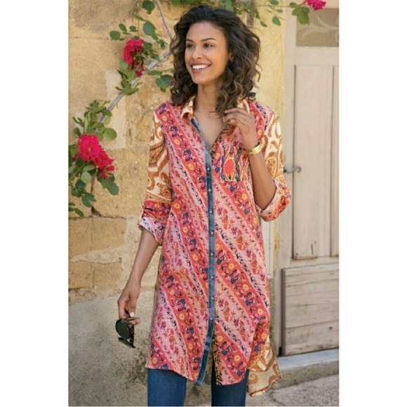 Soft Surroundings Brynn Tunic Boho Print Velvet Trim 1X - Picture 1 of 11